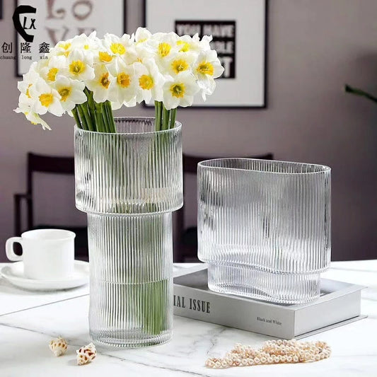 Long ribbed glass vase