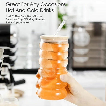 500ml Borosilicate ripple wave glass cup with bamboo lid