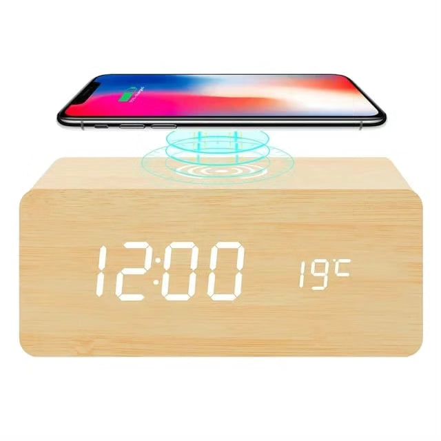 Wireless Charging Bamboo Wooden Digital Alarm Clock Bluetooth Speaker with Temperature  Display