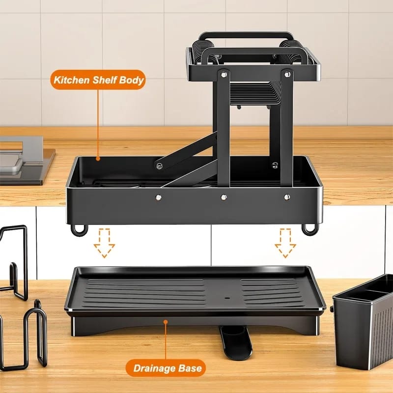 2 Tier Foldable Dish Drying Rack with Drip Tray