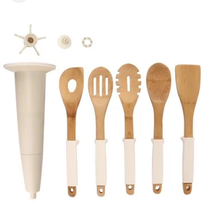 5 pcs bamboo silicone serving spoons set with stand