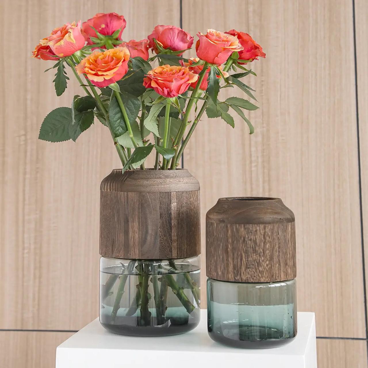 Modern creative glass vase with removable wooden decorative touch