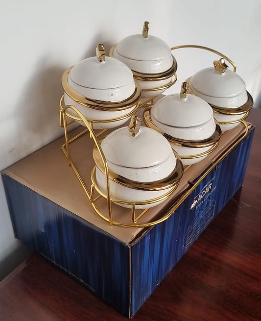 Set of 5 sugar spice set with lids and gold stand