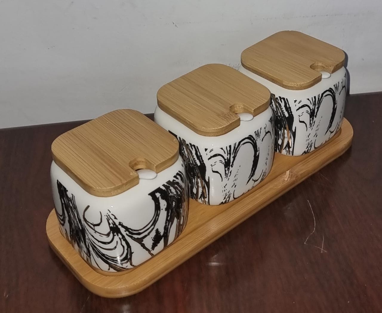 Set of 3 ceramic sugar spice cruet with bamboo lids and wooden tray