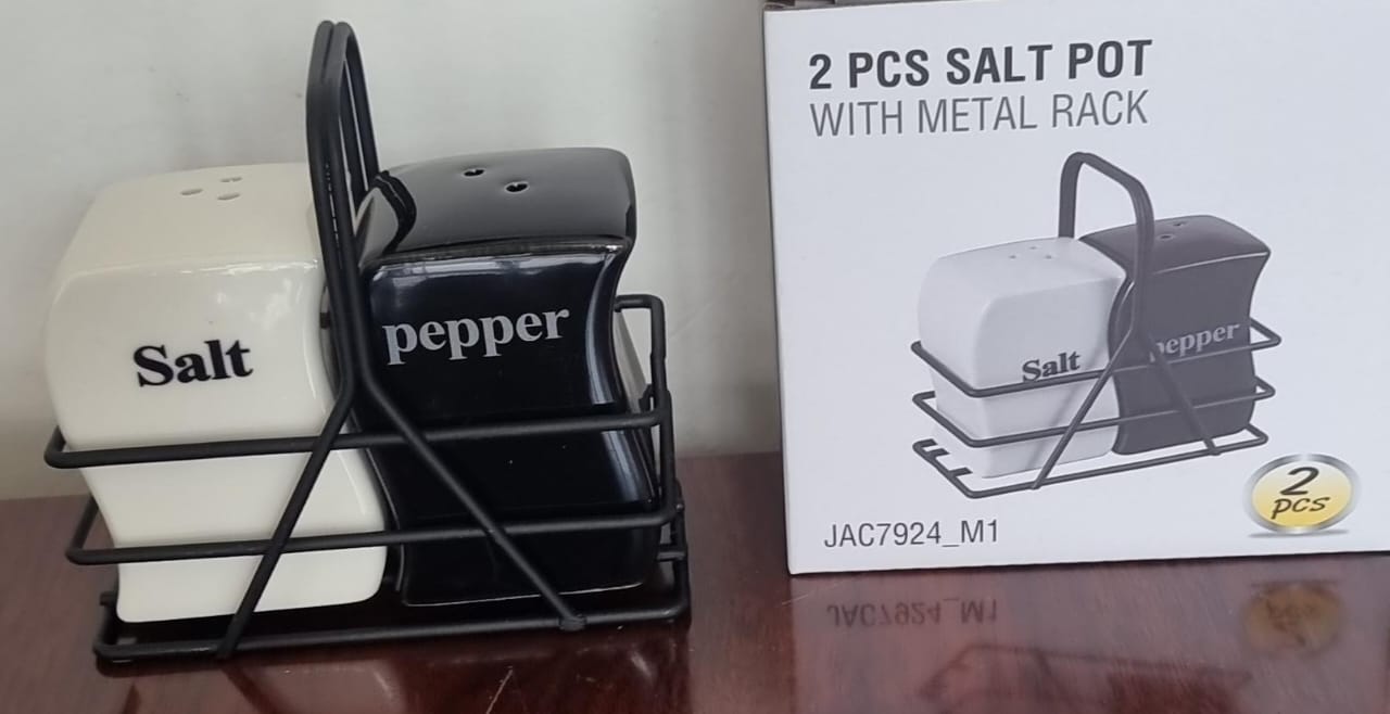 Salt and pepper shaker set  in black metal rack