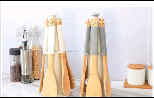 5 pcs bamboo silicone serving spoons set with stand