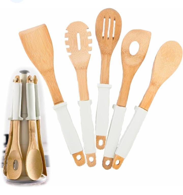 5 pcs bamboo silicone serving spoons set with stand