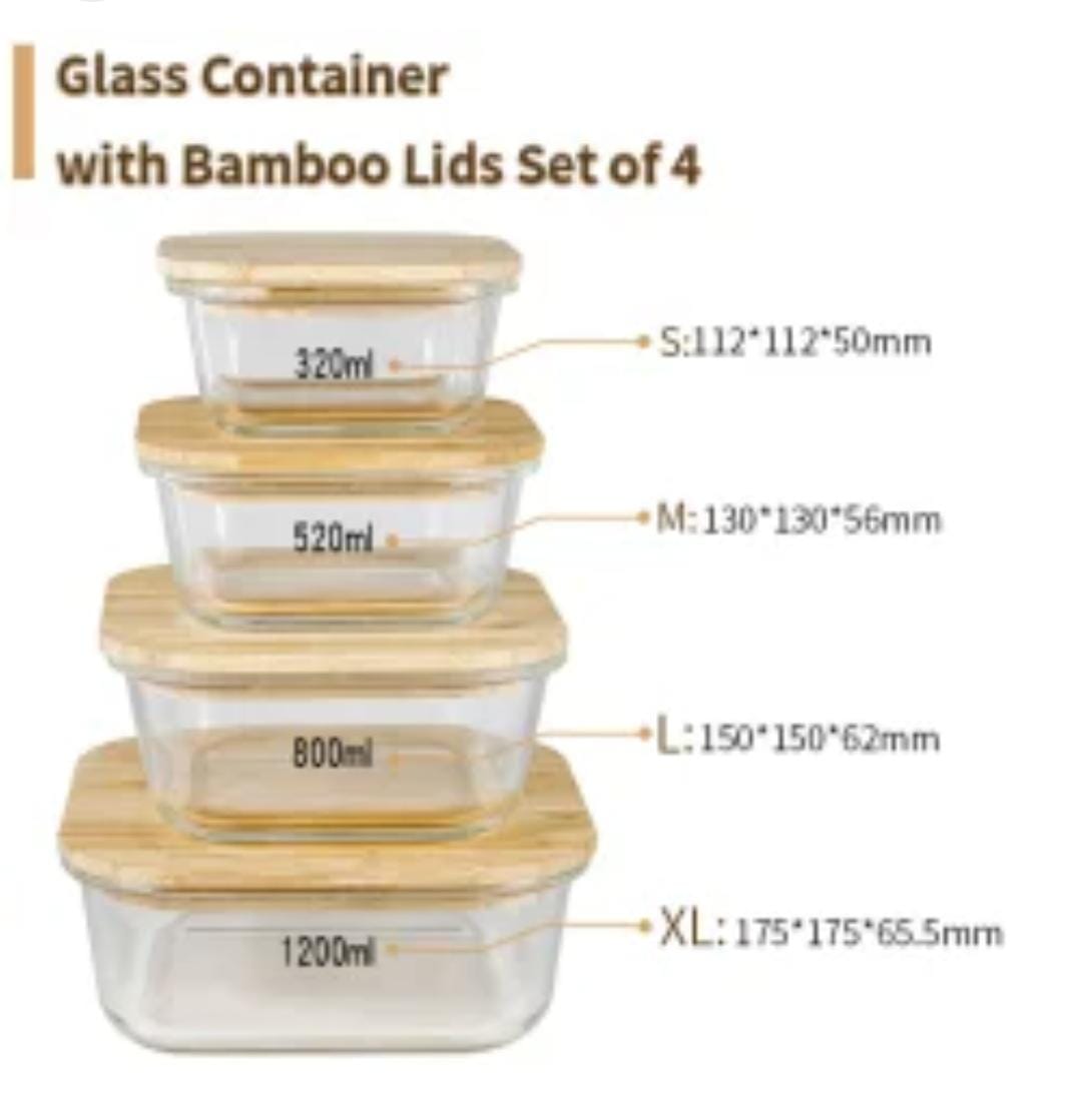 Set of 4 glass containers with airtight bamboo lids