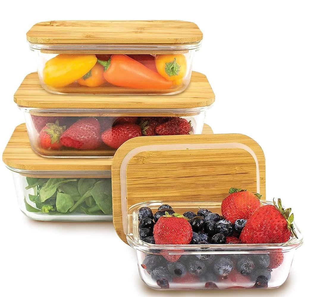 Set of 4 glass containers with airtight bamboo lids