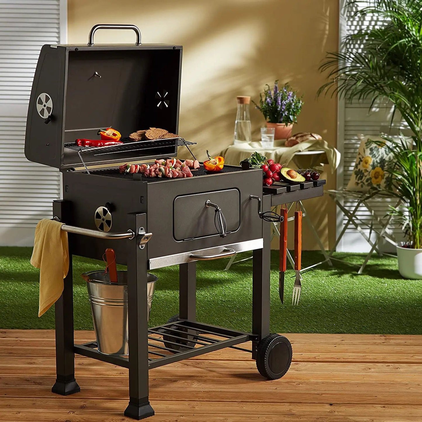 Outdoor Garden Barbecue Portable BBQ Grill Outdoor Large Charcoal Trolley Rectangular BBQ Barbecue Grill*