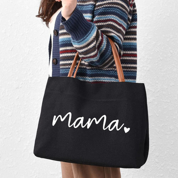 Mama Script Canvas Tote Bag with Leatherette Straps