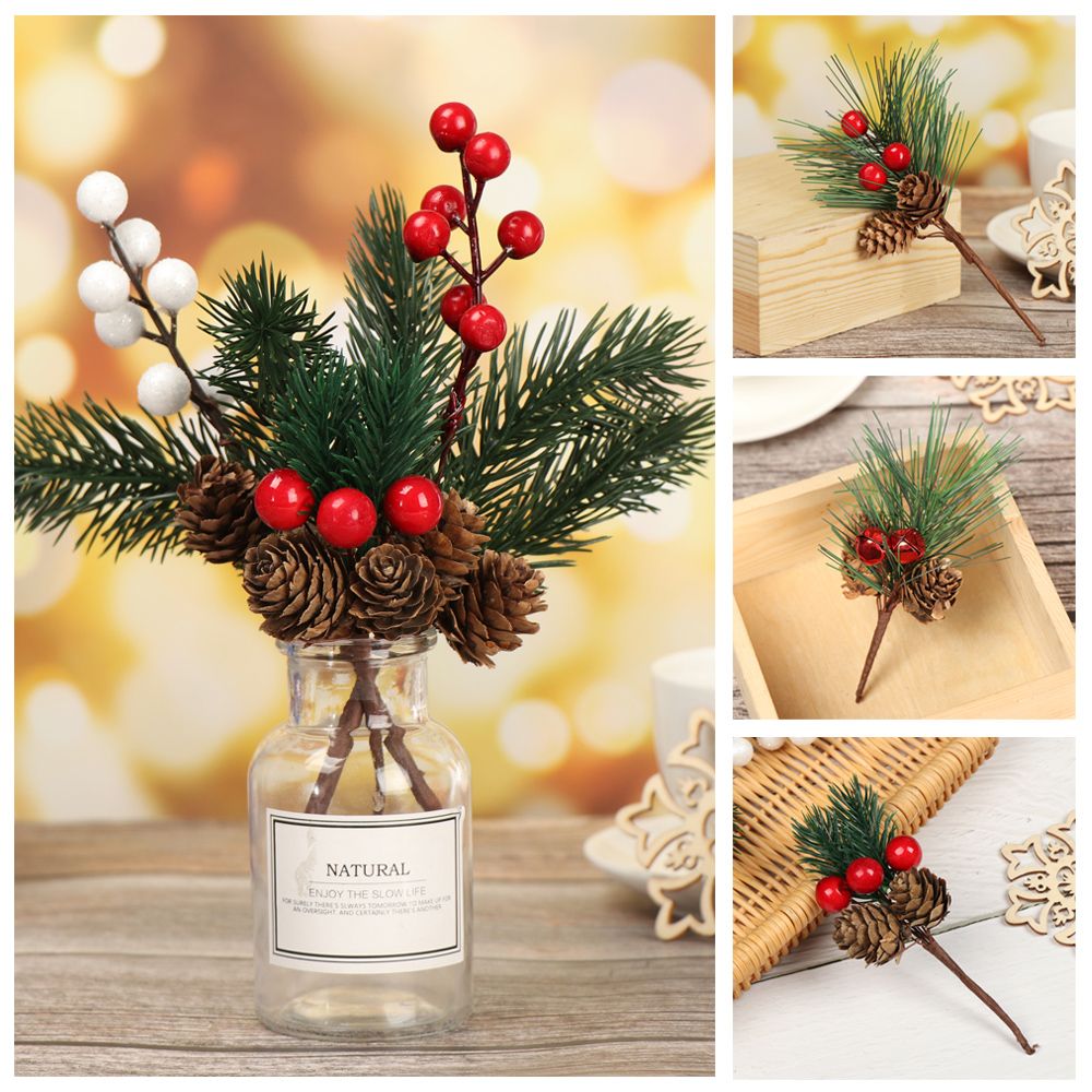 Christmas Red Berry Artificial Flower Pine Cone Branch Christmas Tree Decorations 2pc set