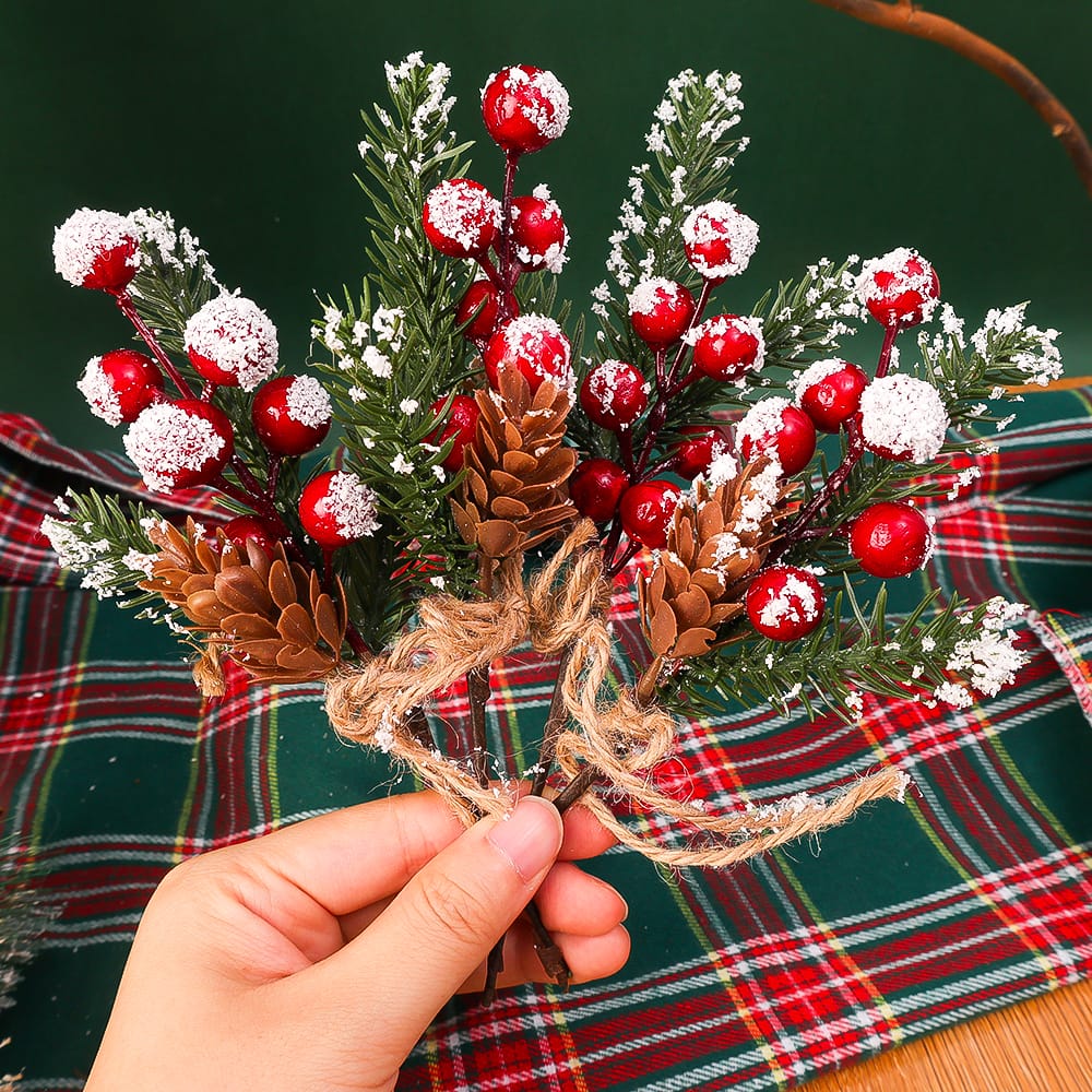 Christmas Red Berry Artificial Flower Pine Cone Branch Christmas Tree Decorations 2pc set