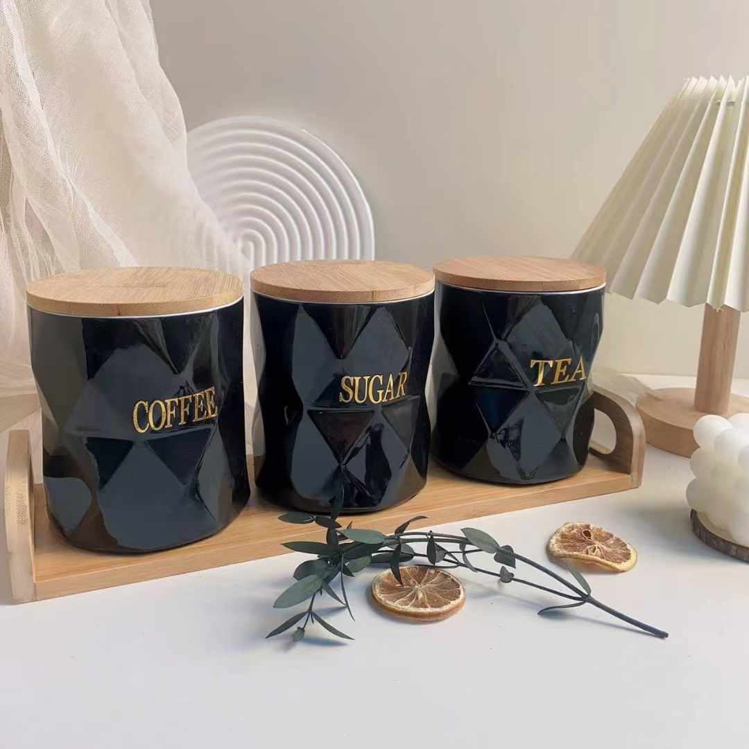 3pc Tea,Coffee,Sugar black Cannister