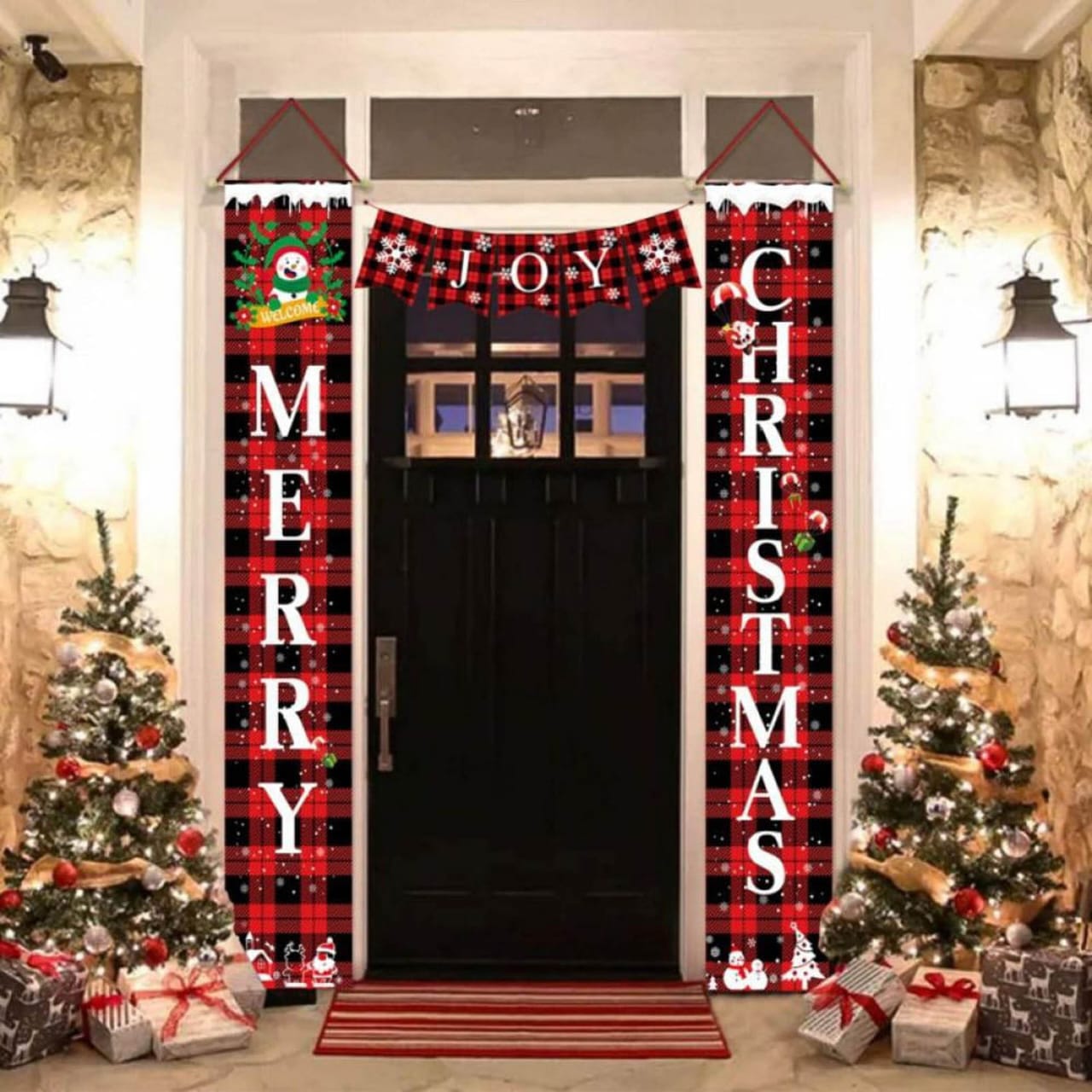 *Merry Christmas Porch Sign Joy Christmas Banners Red Black Buffalo Plaid Porch Signs Christmas Christmas Decorations*