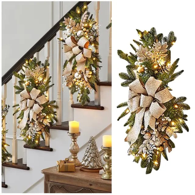 Christmas Swag Wreath Pendants LED Lights Staircase Wreath Ornament Swag Trim Garland Door Window Decoration each