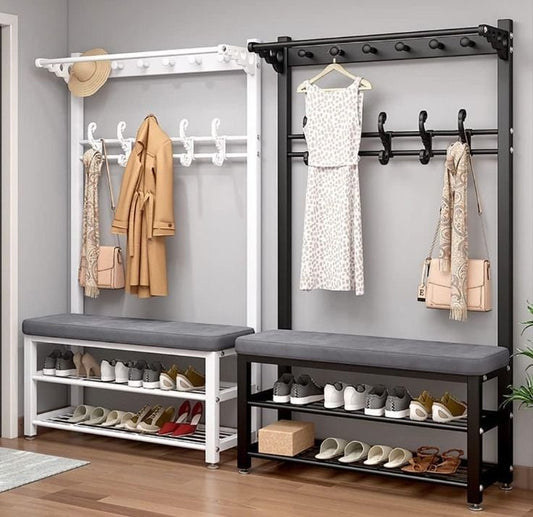 Multipurpose Entryway Bench shoe rack with clothes hanger