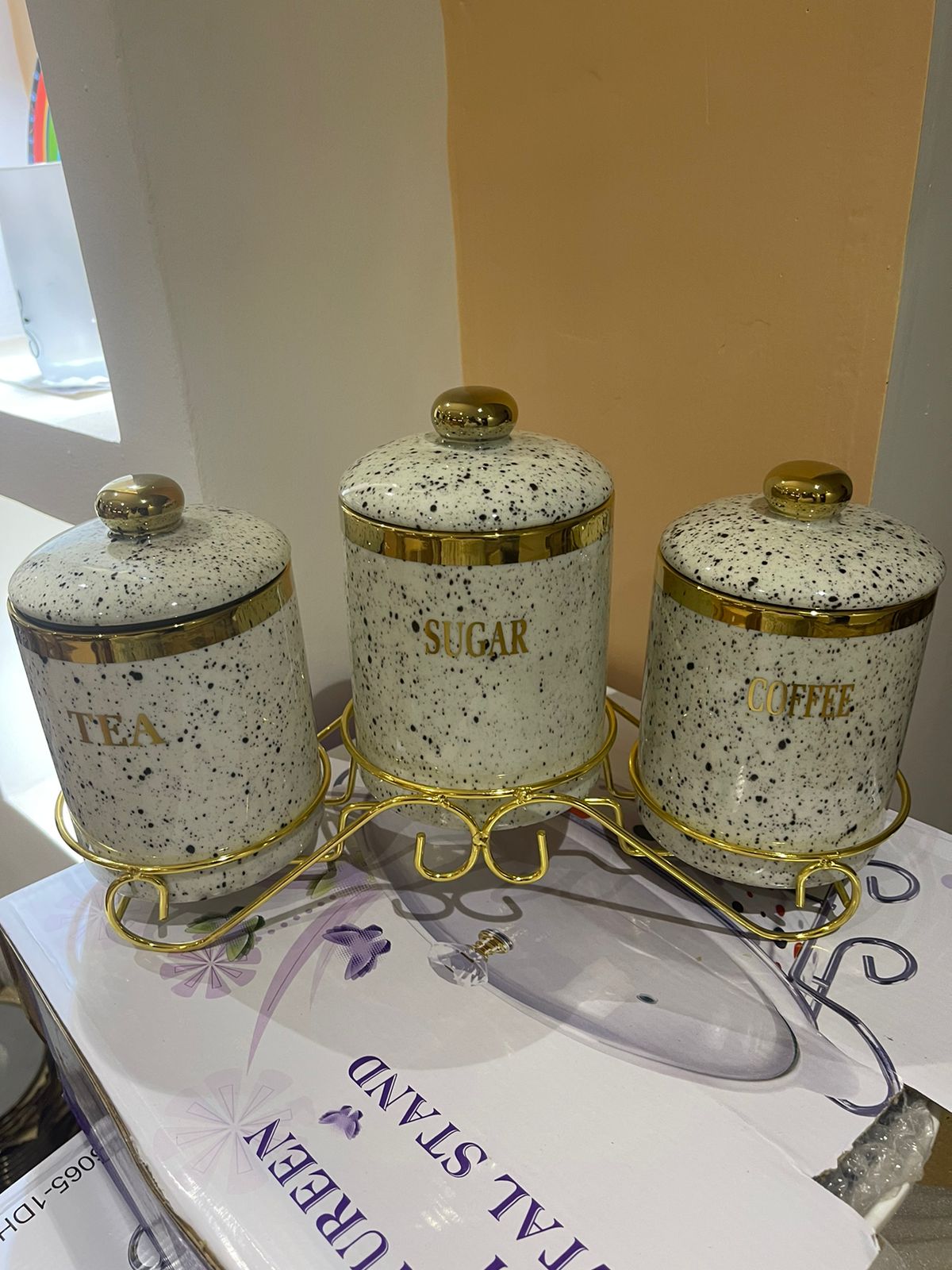 Marble heavy canister set with stand