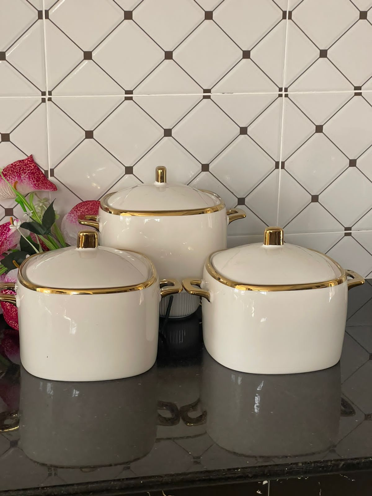 3Pc Gold line ceramic dishes