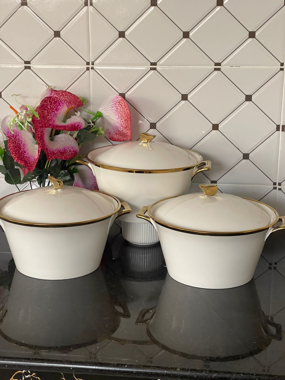 3Pc Gold line ceramic dishes