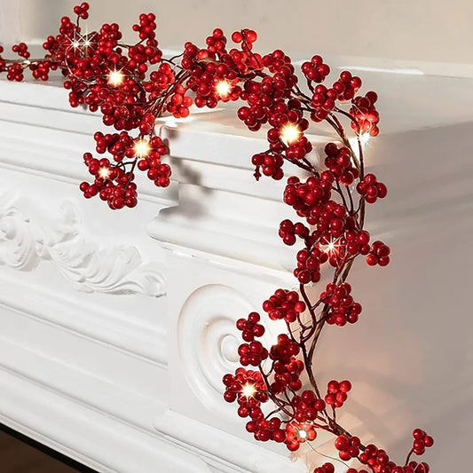 Christmas  red berry christmas garland with light