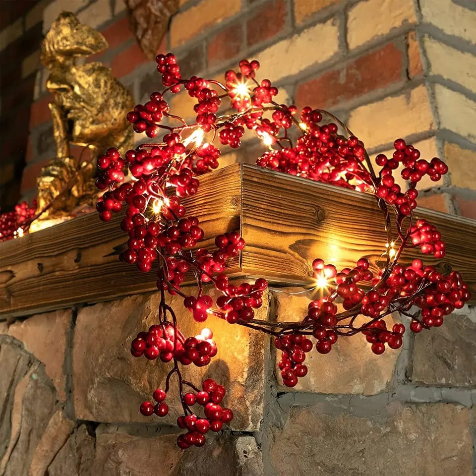 Christmas  red berry christmas garland with light