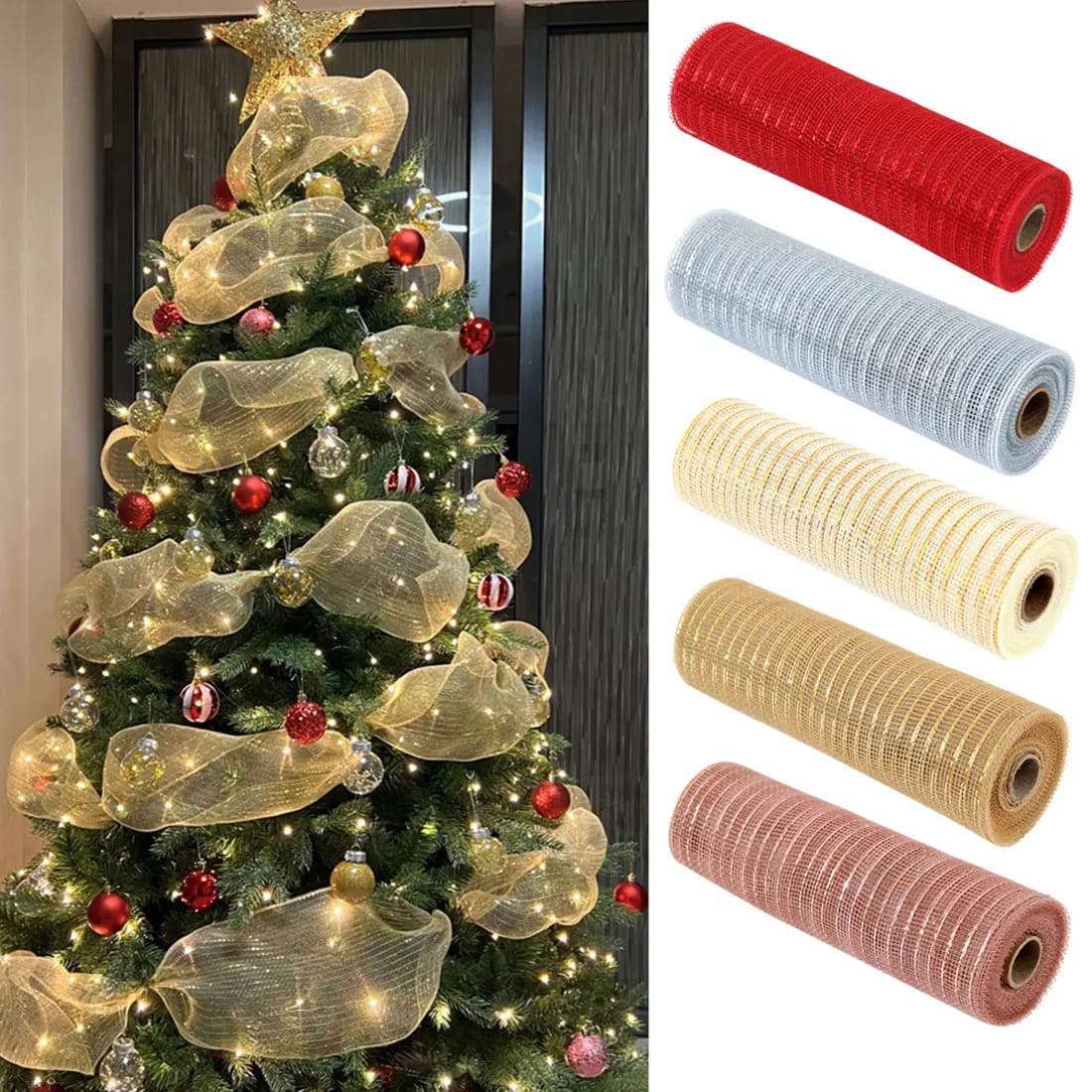 26cm 10 Yards Gold White Mesh Ribbon DIY Christmas tree ribbon