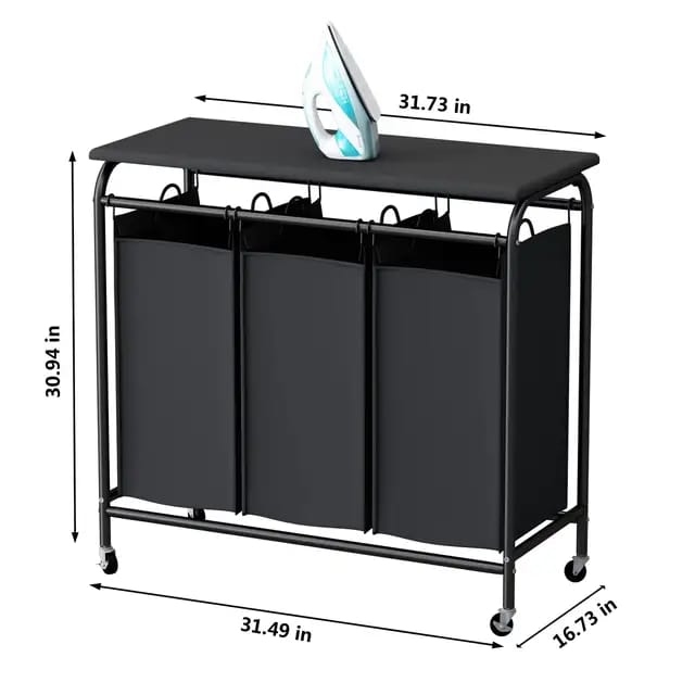 3 Compartment laundry basket with lockable wheels and ironing board