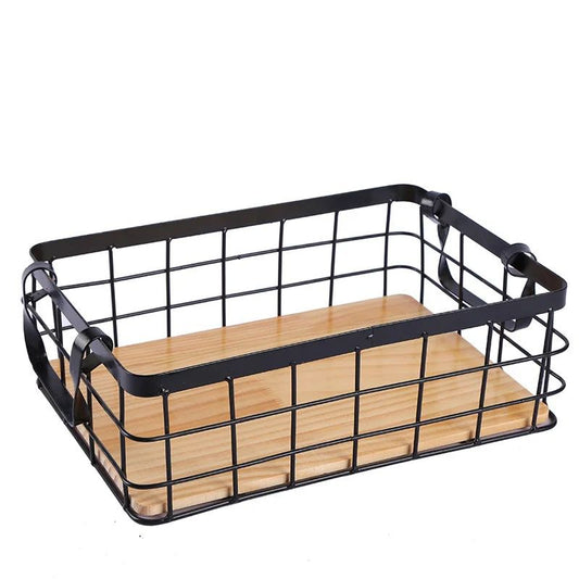 Storage iron basket with bamboo base