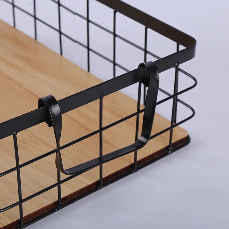 Storage iron basket with bamboo base