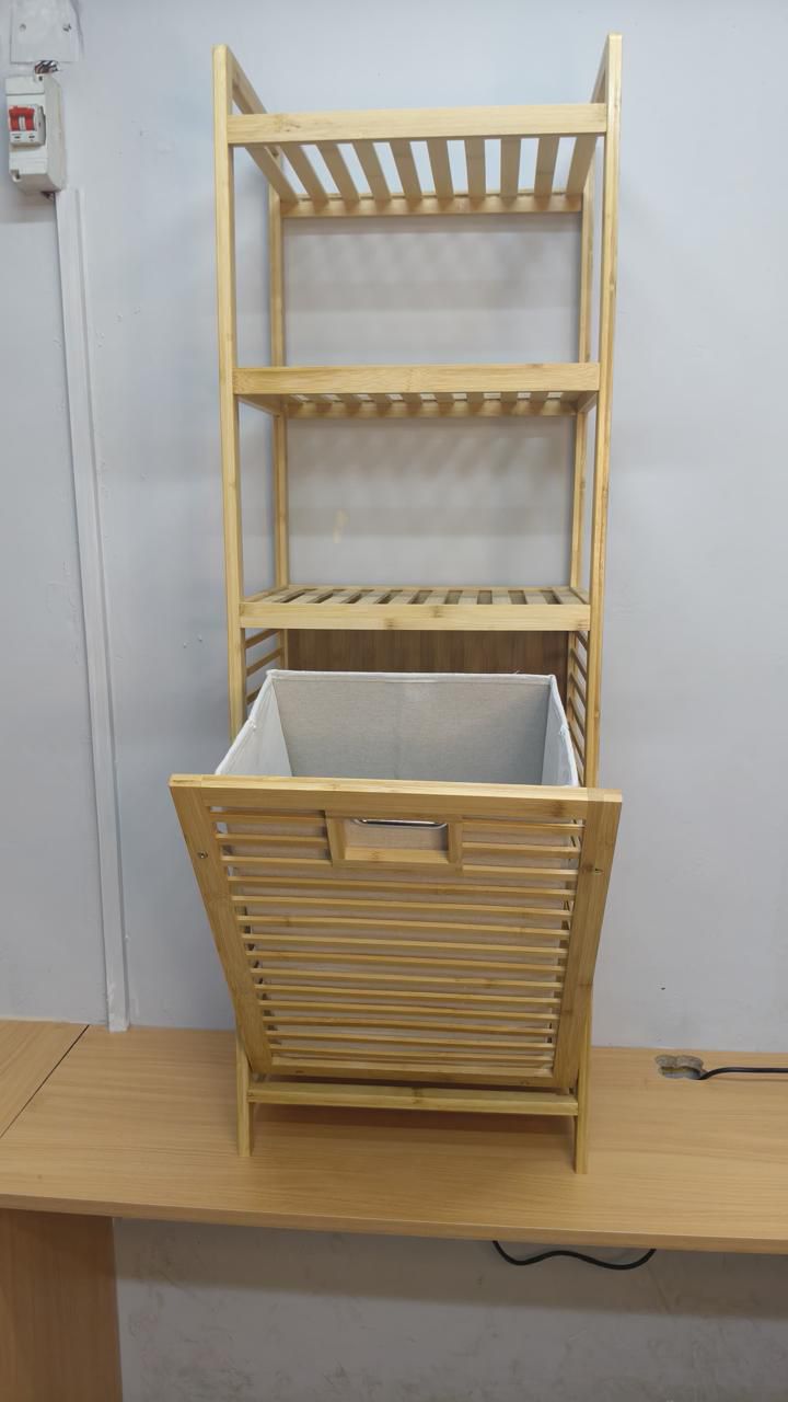 3 Tier Shelves Bamboo Laundry Basket Organizer BlackNov