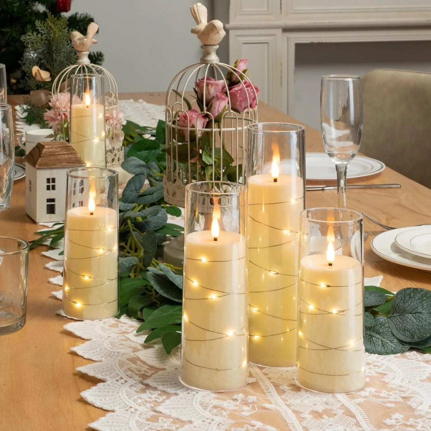 5pcs Christmas flameless LED candles with string light