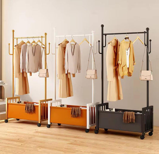 VERSATILE METAL GARMENT RACK WITH STORAGE AND SIDE HOOKS