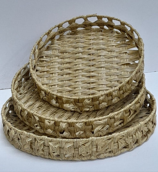 3pc Round Rattan Tray