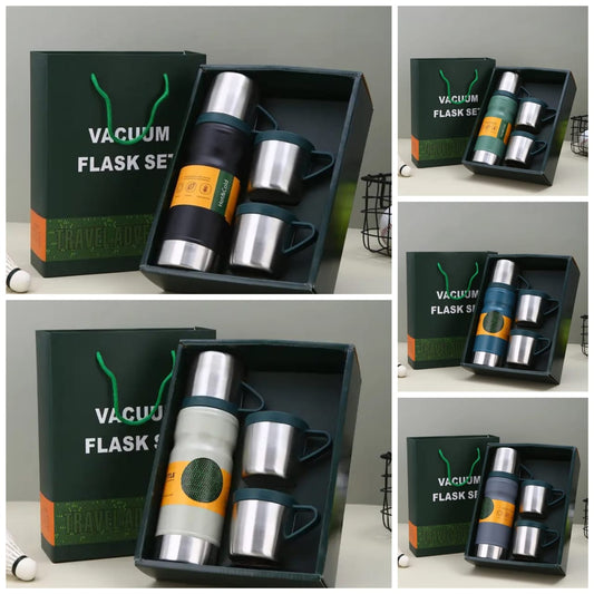 A collage of images showing a 4-in-1 vacuum flask set, which includes an insulated thermos flask and two or three small metal cups, packaged in a green gift box and bag.