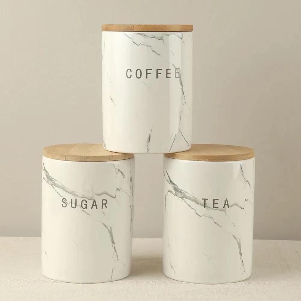 3pcs Airtight ceramic Canisters Set with Bamboo Lid
