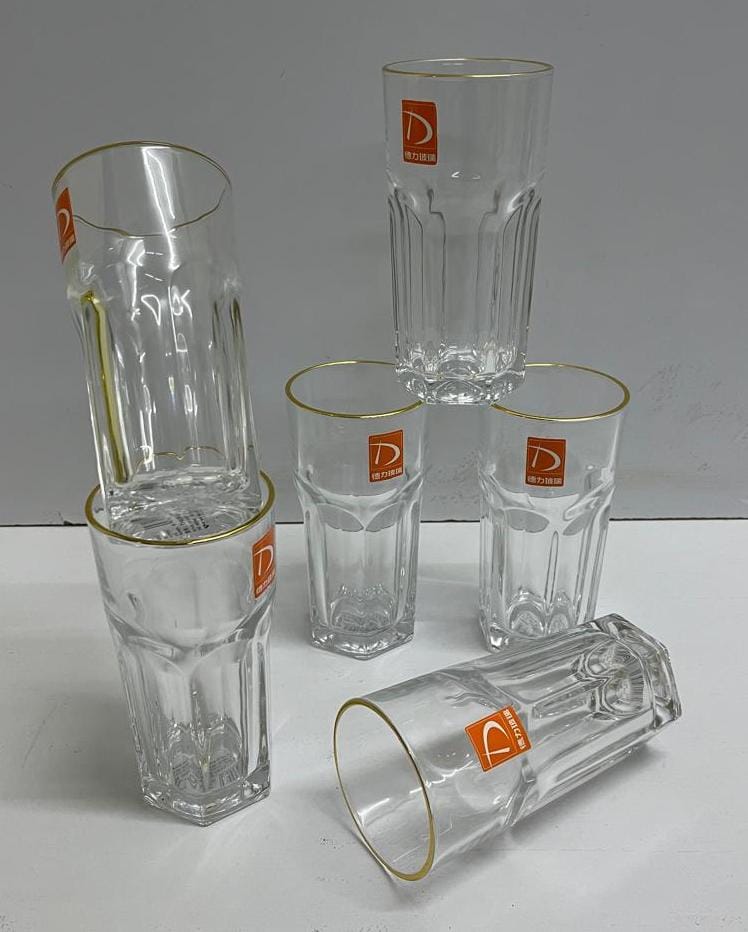 6pc Long glasses with gold rim