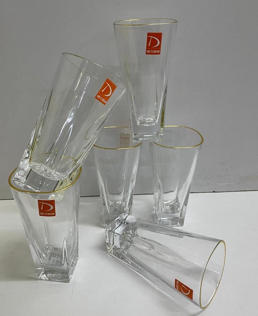 6pc Long glasses with gold rim