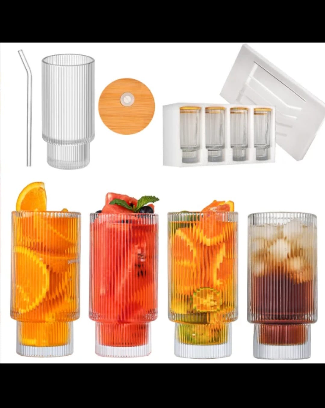 3 Ribbed glasses with straws and brushes