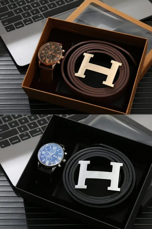 Black men's watch and belt gift set in a black box, featuring a black watch with a blue dial and a black belt with a large silver 'H' buckle.