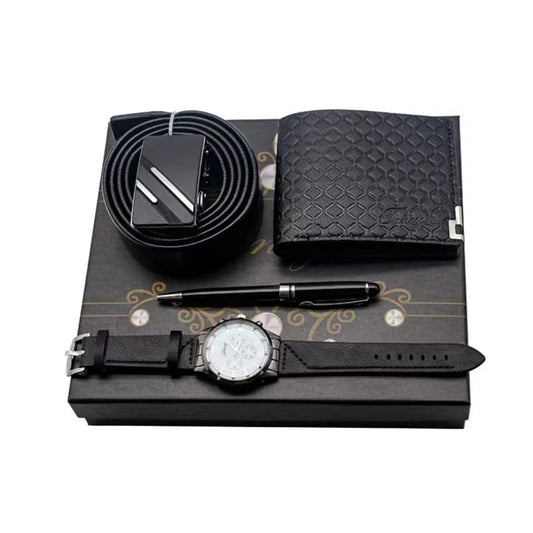 A black 4-piece men's gift set containing a watch, belt, wallet, and pen, presented in a black box.