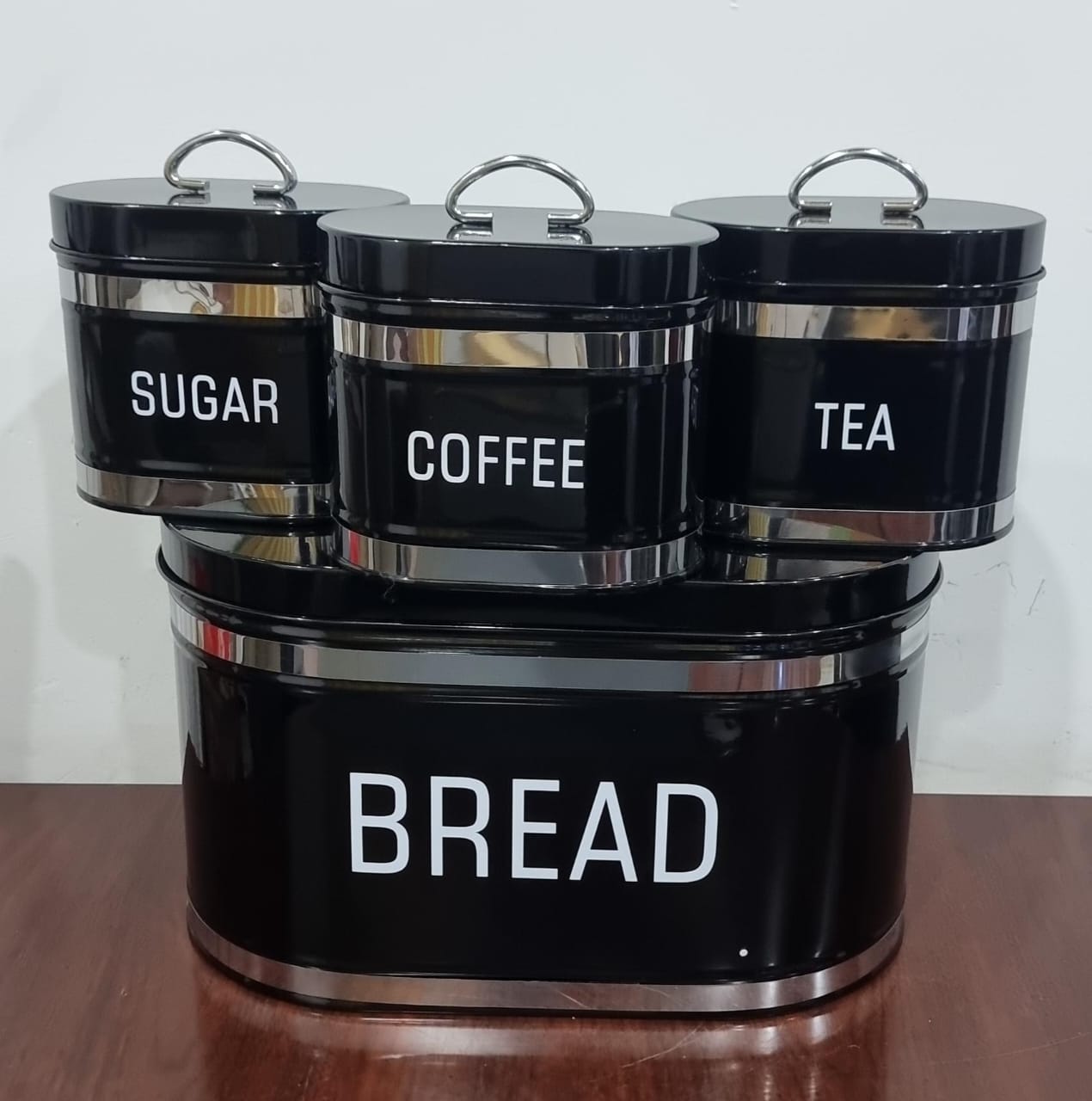 Metallic Bread bin with 3 canisters