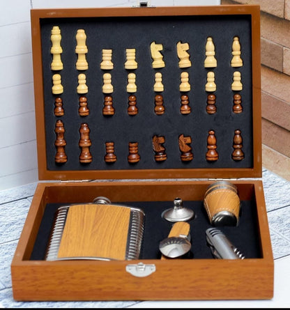 Wine flask gift set with Chess play set