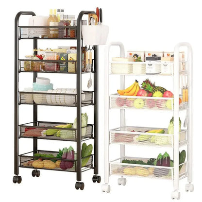 A 5-tier black and white metal rolling storage rack with mesh baskets and wheels.