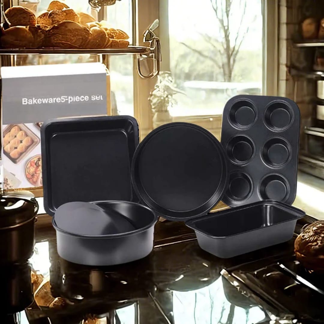 A five piece black non stick carbon steel baking set.