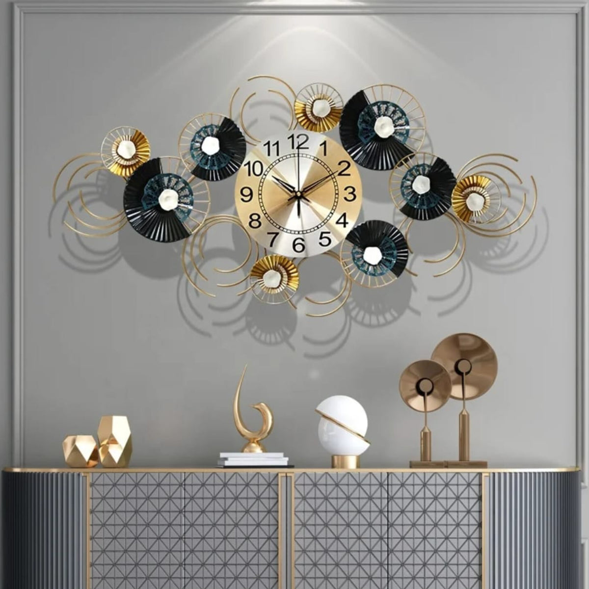 Iron Clock With Flower Design Wall Hanging