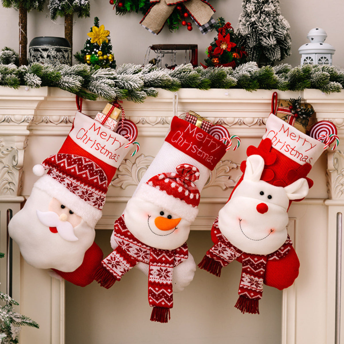 Large Santa Snowman Elk  Knitted Christmas Fireplace Socks