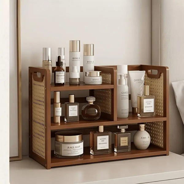 Multi tier Wooden Desktop Organizer with Woven Rattan Side Panels