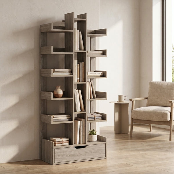 Grey Bookshelf with Base Drawer