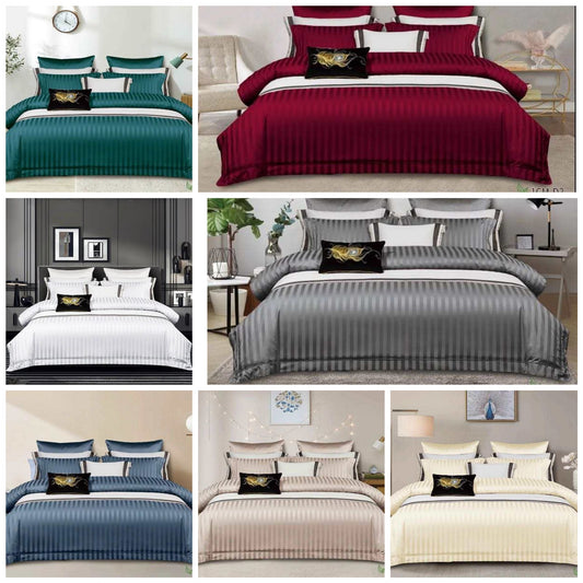 A collage of different colored luxury striped cotton satin duvet cover sets displayed on beds, including white, maroon, gray, and teal.